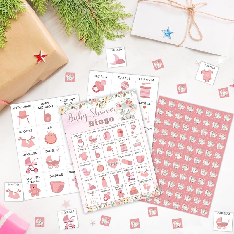 Mueddur Baby Shower Bingo Card, Pink Elephant Bingo Game for Adults Large Group Family, Blush Pink Floral Elephant Game Kit for Gender Reveal Party, Holiday Games for 24 Players -12 - Image 3